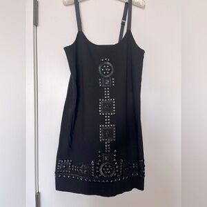 Theory Black Knit Dress with Front Embellishments; Grosgrain Ribbon Straps